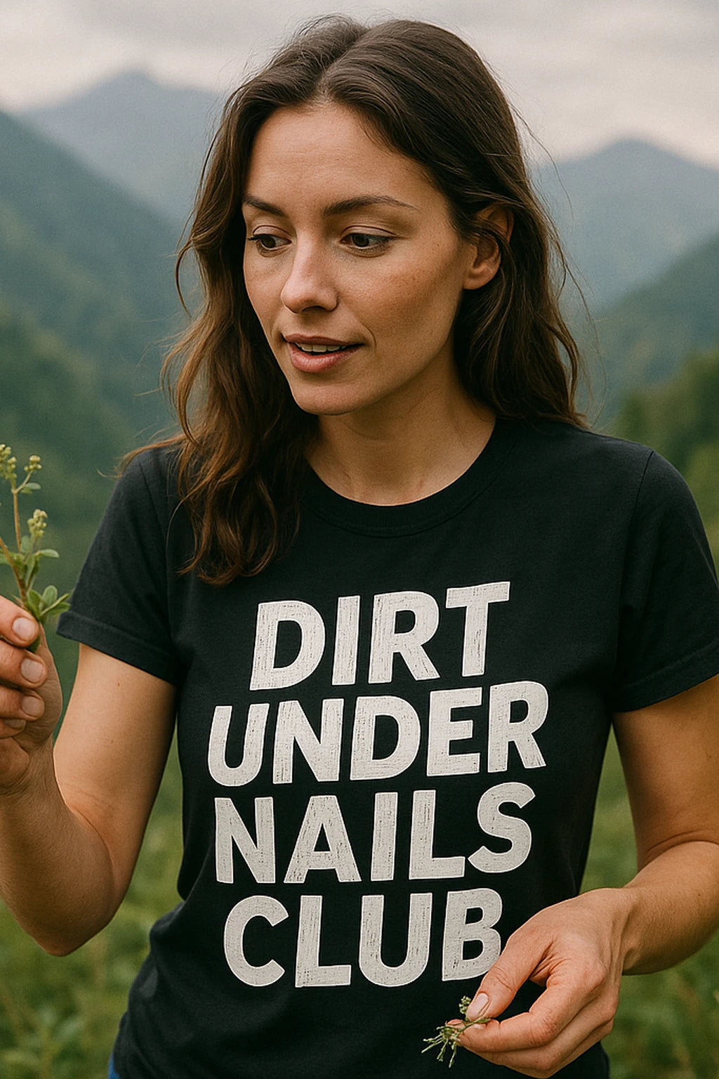 "Dirt Under Nails Club" black foraging t shirt, photographed as foraging lover gift