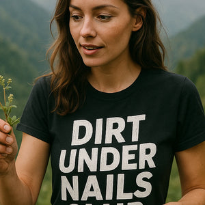"Dirt Under Nails Club" black foraging t shirt, photographed as foraging lover gift