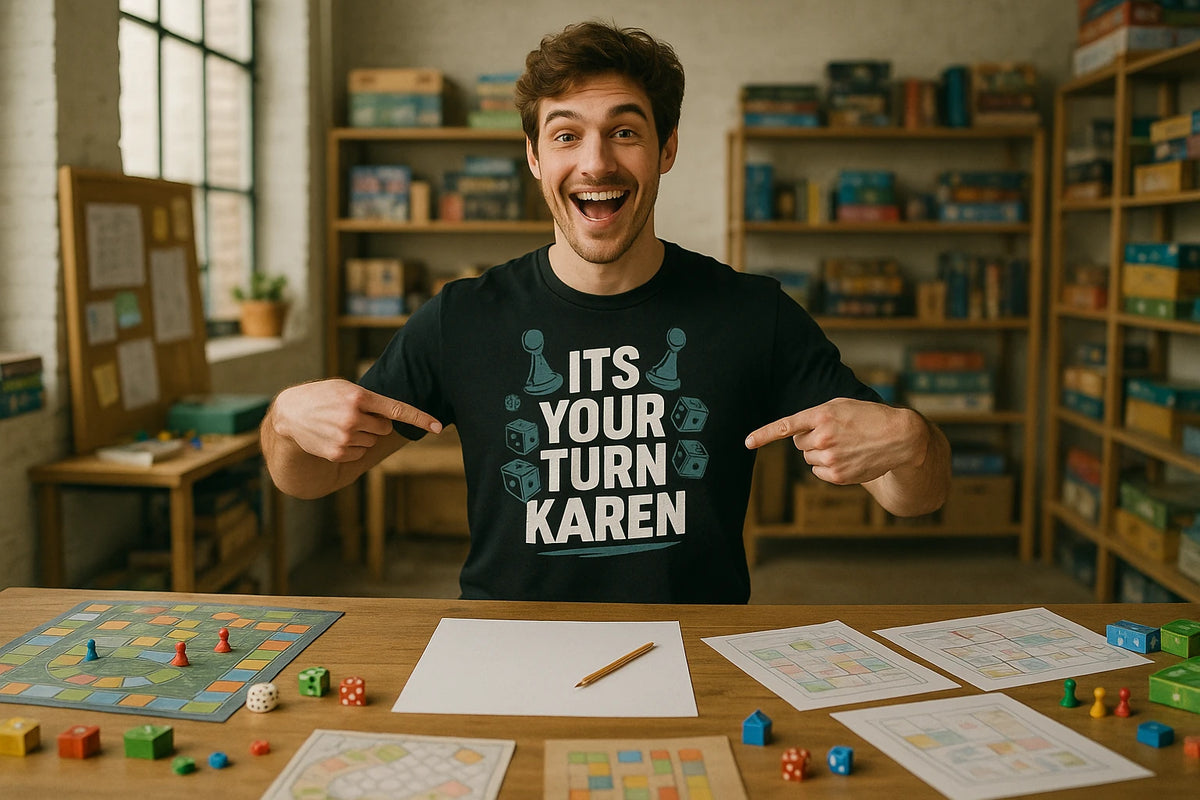 Lifestyle shot of the "Its Your Turn Karen" black board game tee in a real-world setting