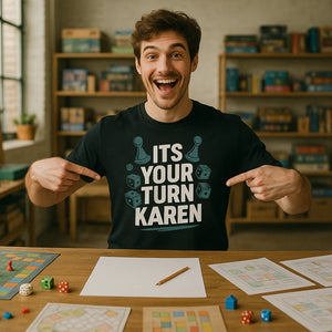 Lifestyle shot of the "Its Your Turn Karen" black board game tee in a real-world setting