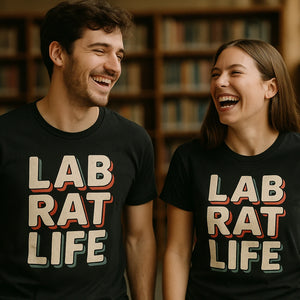 Person wearing the black studying t shirt graphic tee - "Lab Rat Life" design