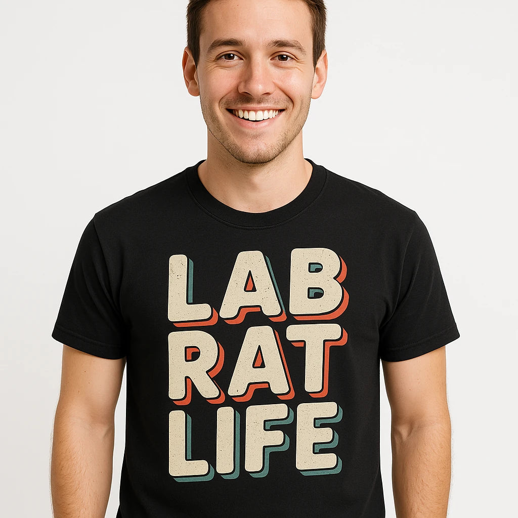 Close-up of the "Lab Rat Life" beige print on a premium Bella+Canvas black studying t shirt