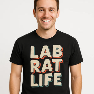 Close-up of the "Lab Rat Life" beige print on a premium Bella+Canvas black studying t shirt