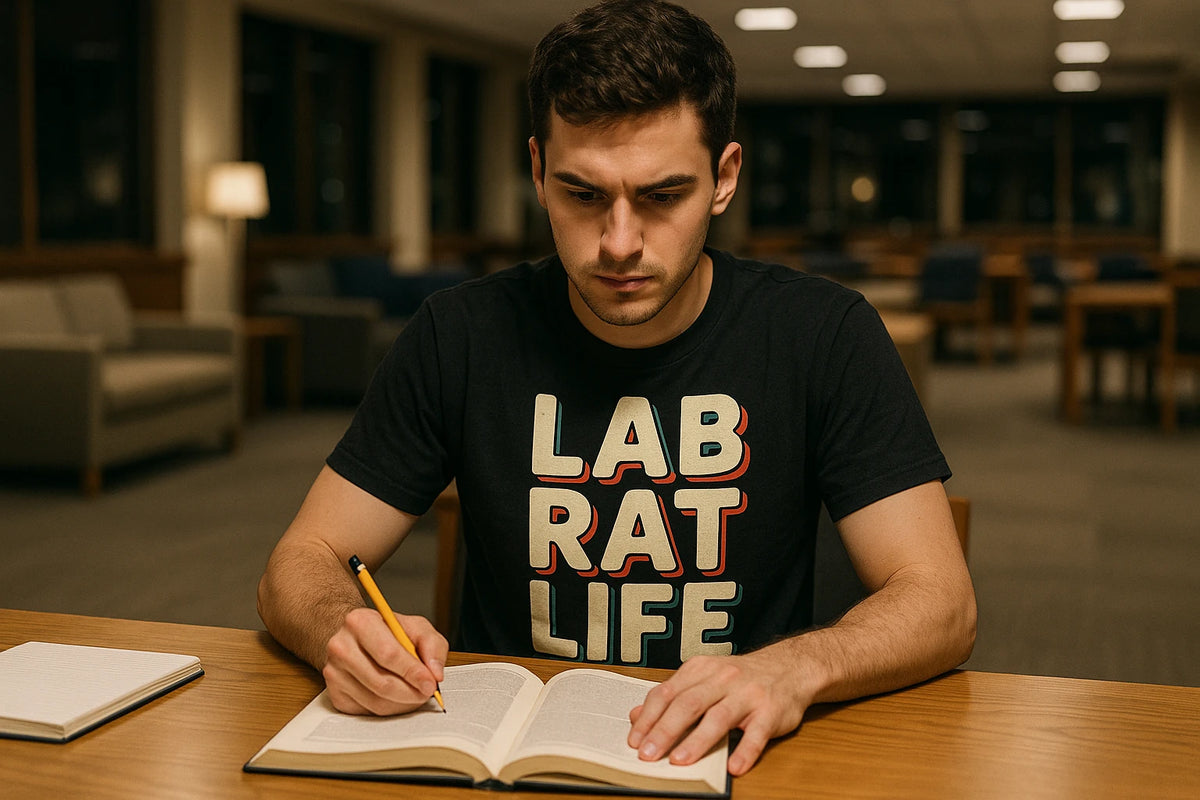Lifestyle shot of the "Lab Rat Life" black studying t shirt in a real-world setting