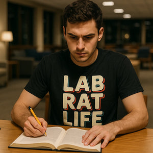 Lifestyle shot of the "Lab Rat Life" black studying t shirt in a real-world setting