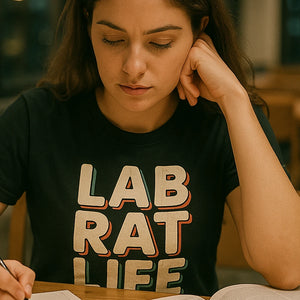 "Lab Rat Life" black studying t shirt, photographed as studying lover gift