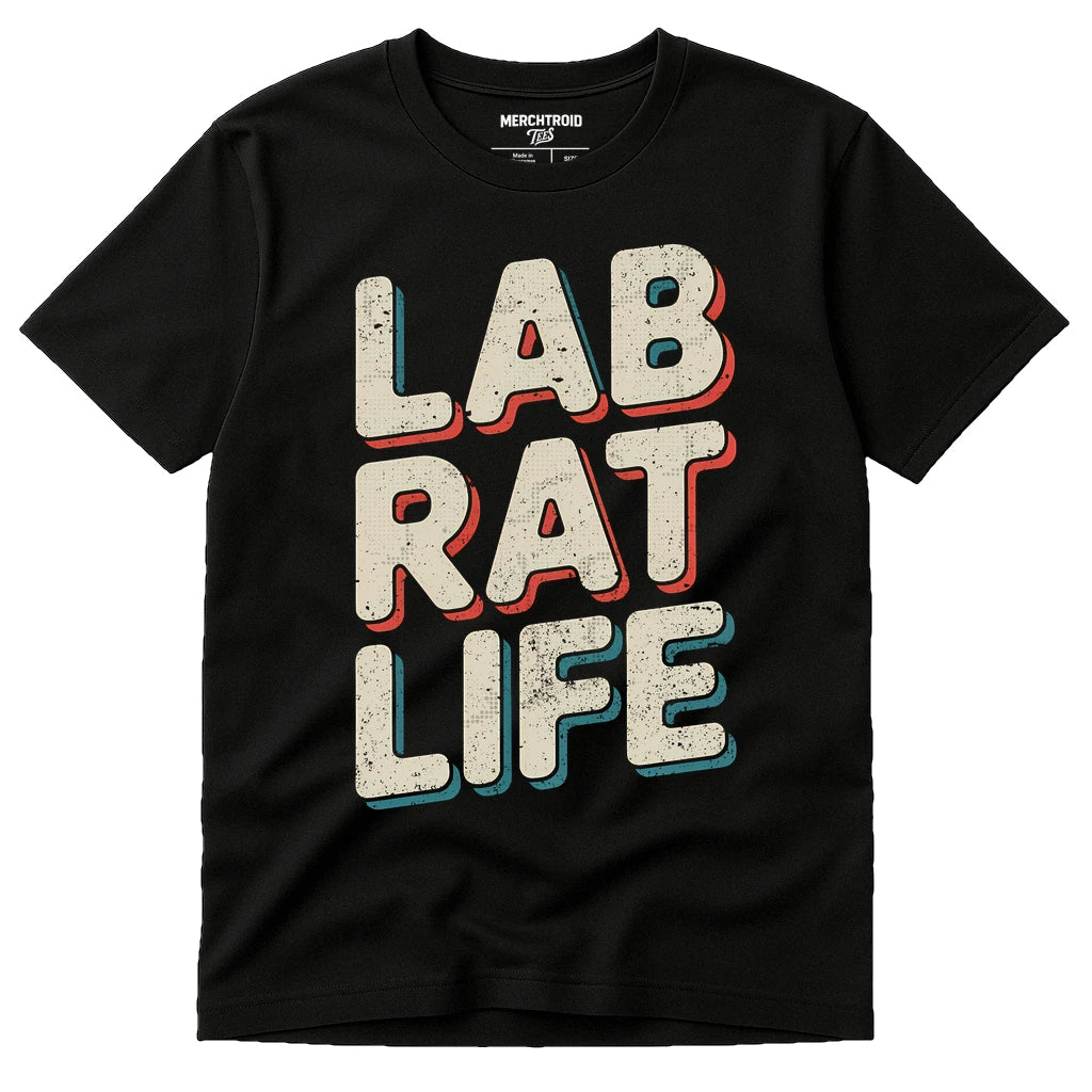 Black Studying T Shirt - "Lab Rat Life" graphic tee with beige print, flat lay product photo