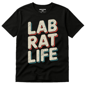 Black Studying T Shirt - "Lab Rat Life" graphic tee with beige print, flat lay product photo