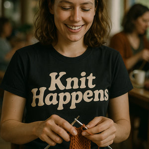 "Knit Happens" black knitted t shirt womens, photographed as gifts for knitting lovers