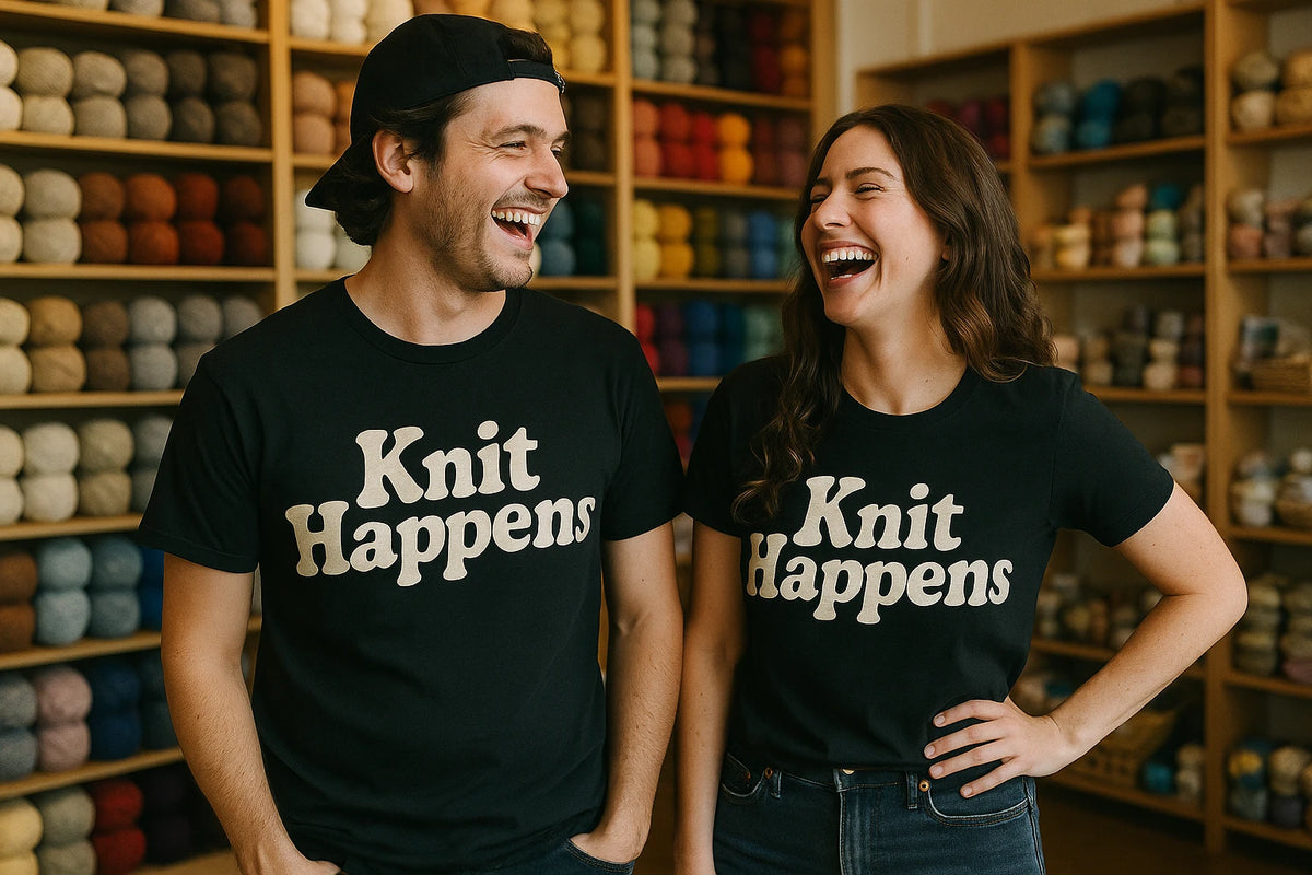 Person wearing the black knitted t shirt womens graphic tee - "Knit Happens" design