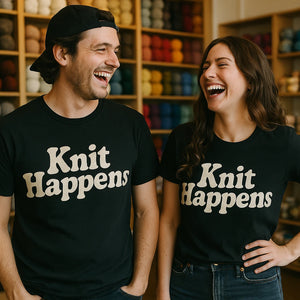 Person wearing the black knitted t shirt womens graphic tee - "Knit Happens" design