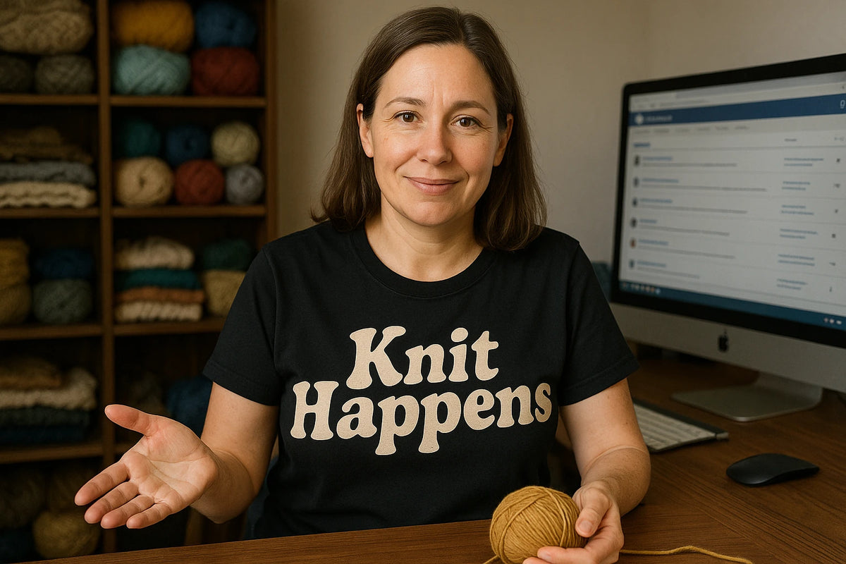 Lifestyle shot of the "Knit Happens" black knitted t shirt womens in a real-world setting