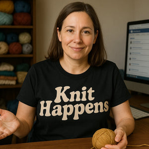 Lifestyle shot of the "Knit Happens" black knitted t shirt womens in a real-world setting