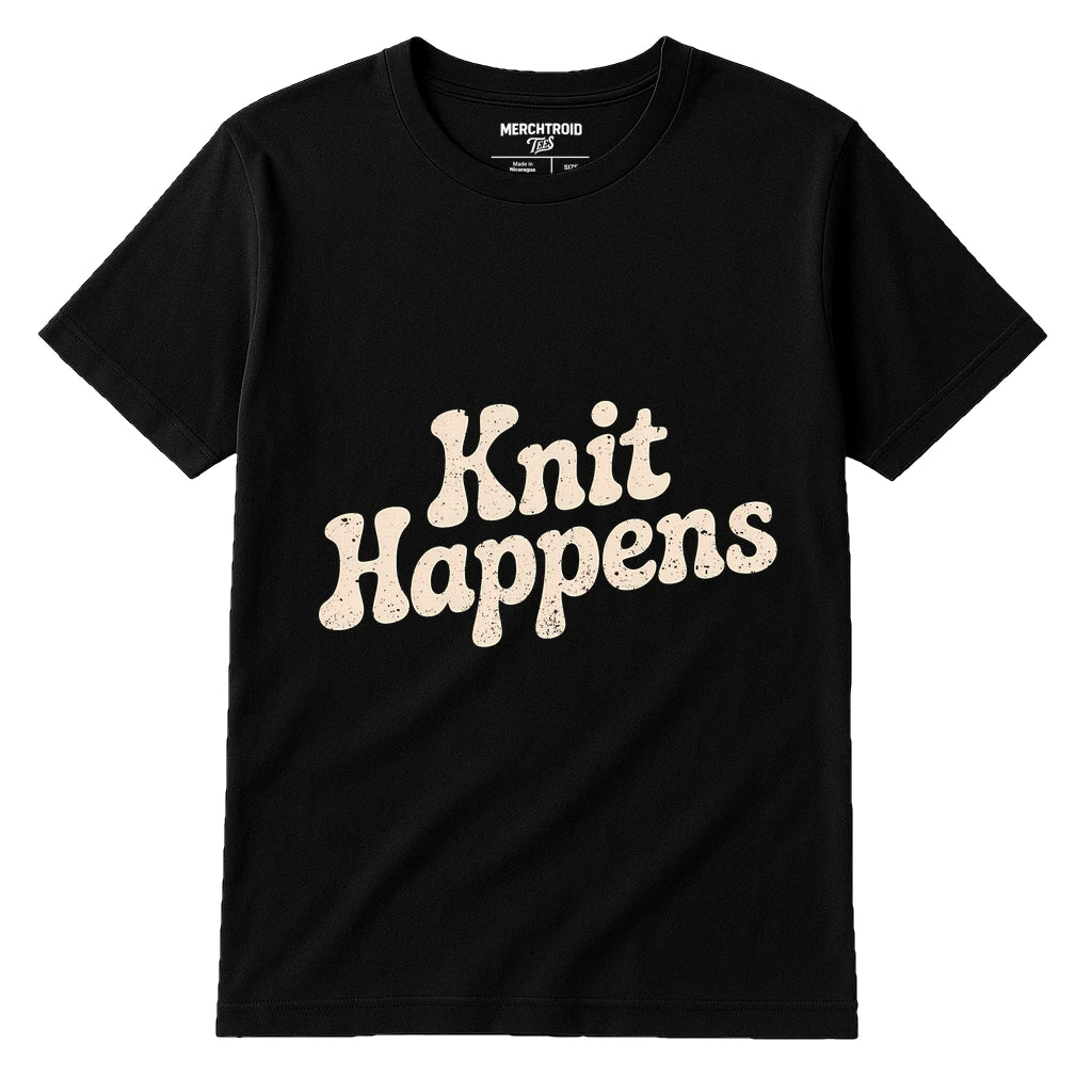 Black Knitted T Shirt Womens - "Knit Happens" graphic tee with cream print, flat lay product photo
