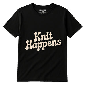 Black Knitted T Shirt Womens - "Knit Happens" graphic tee with cream print, flat lay product photo