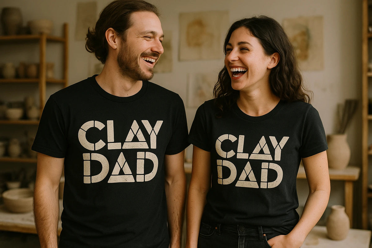 Person wearing the black body sculpting t shirt graphic tee - "Clay Dad" design