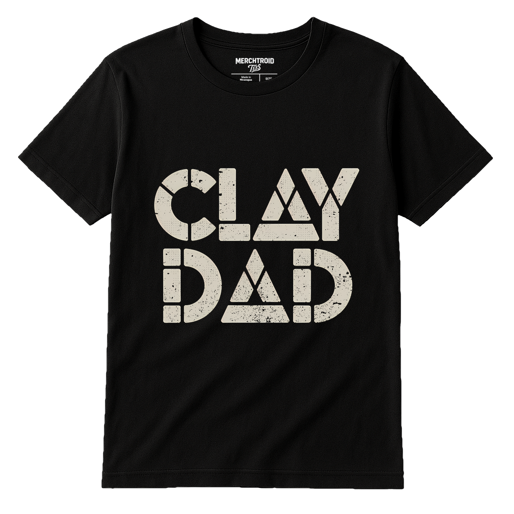 Black Body Sculpting T Shirt - "Clay Dad" graphic tee with light gray print, flat lay product photo