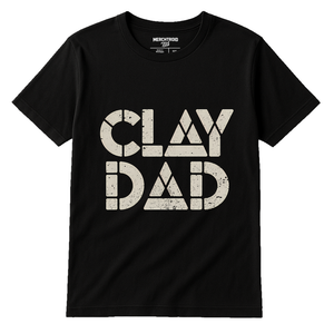 Black Body Sculpting T Shirt - "Clay Dad" graphic tee with light gray print, flat lay product photo