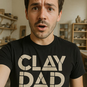 "Clay Dad" black body sculpting t shirt, photographed as sculpting lover gift