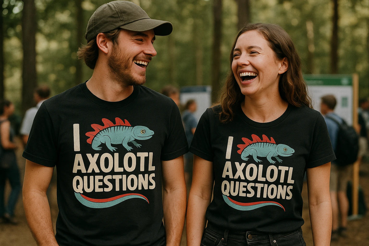 Person wearing the black newt t shirt graphic tee - "I Axolotl Questions" design