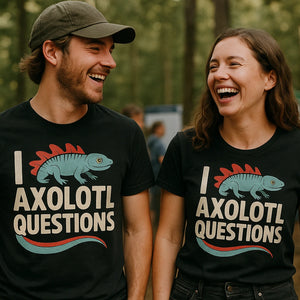 Person wearing the black newt t shirt graphic tee - "I Axolotl Questions" design