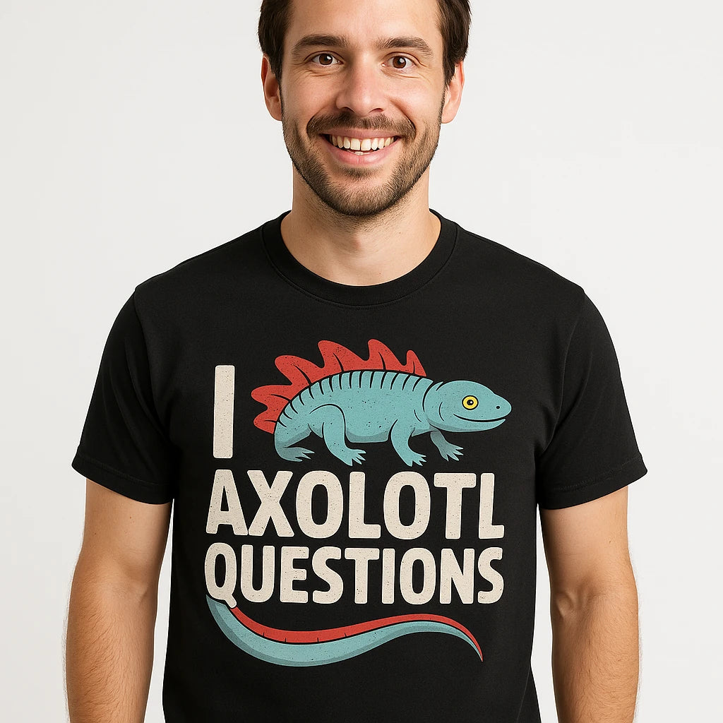 Close-up of the "I Axolotl Questions" gray print on a premium Bella+Canvas black newt t shirt