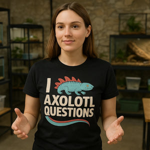 Lifestyle shot of the "I Axolotl Questions" black newt t shirt in a real-world setting