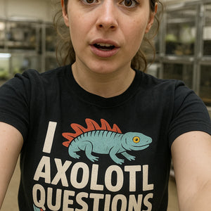 "I Axolotl Questions" black newt t shirt, photographed as newt lover gift