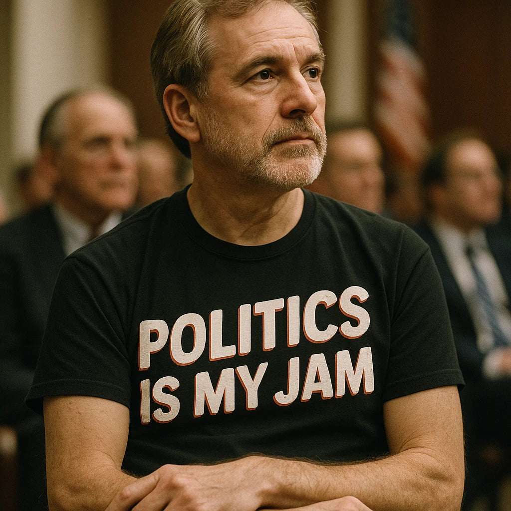A middle-aged man with a beard and short hair is sitting in a formal setting. He is wearing a black t-shirt with the text "POLITICS IS MY JAM." In the background, other individuals in suits are present, and there is an American flag visible.