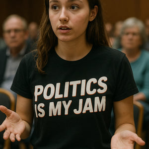 "Politics Is My Jam" black politics t shirt, photographed as gifts for politics lovers