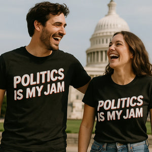 Person wearing the black politics t shirt graphic tee - "Politics Is My Jam" design