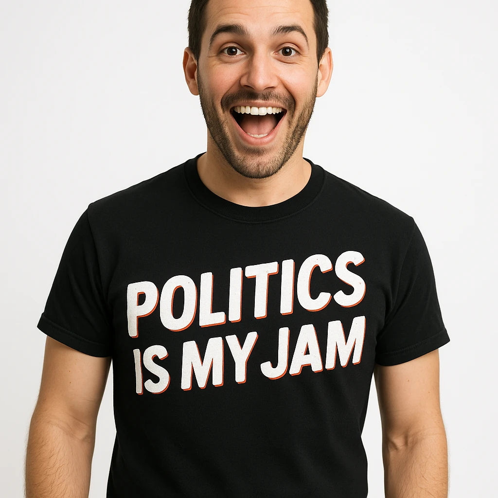 A person wearing a black t-shirt with the text "POLITICS IS MY JAM" printed in bold white letters. They have short dark hair and are smiling with an open mouth, conveying a joyful expression.