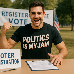 Lifestyle shot of the "Politics Is My Jam" black politics t shirt in a real-world setting