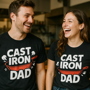 Person wearing the black cooking t shirts funny graphic tee - "Cast Iron Dad" design