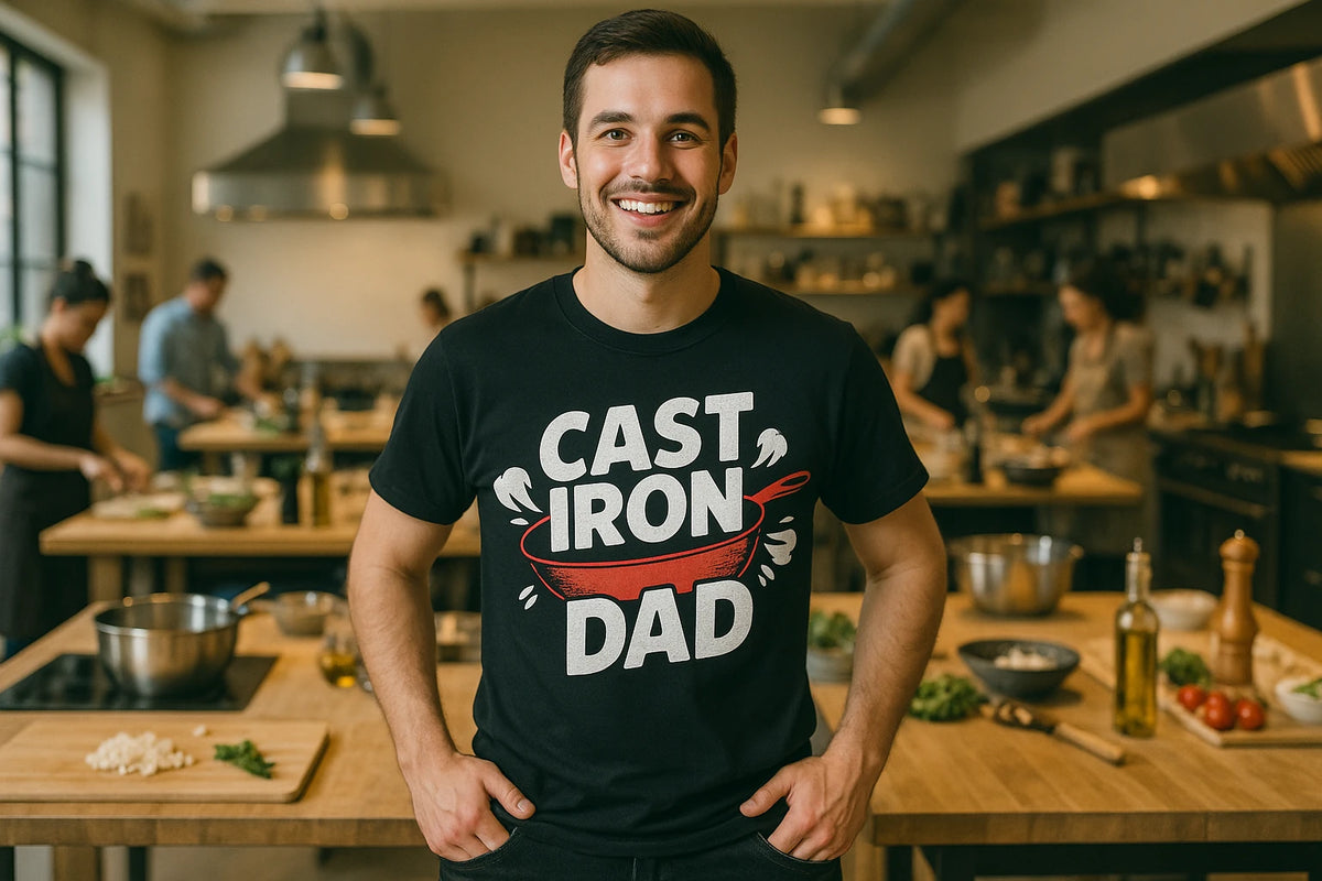 Lifestyle shot of the "Cast Iron Dad" black cooking t shirts funny in a real-world setting