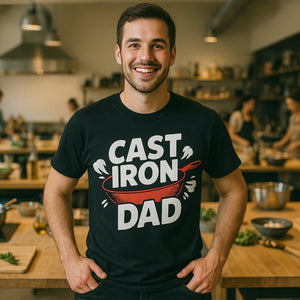 Lifestyle shot of the "Cast Iron Dad" black cooking t shirts funny in a real-world setting