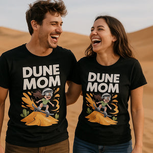 Person wearing the black sandboarding t shirt graphic tee - "Dune Mom" design