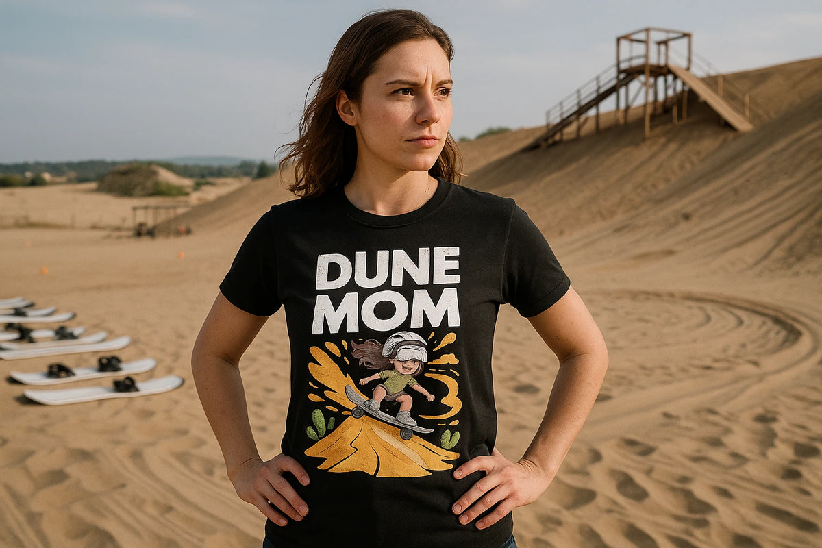 Lifestyle shot of the "Dune Mom" black sandboarding t shirt in a real-world setting
