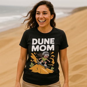 "Dune Mom" black sandboarding t shirt, photographed as sandboarding lover gift
