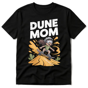 Black Sandboarding T Shirt - "Dune Mom" graphic tee with gold print, flat lay product photo