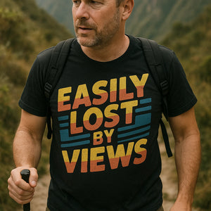 "Easily Lost By Views" black trekking shirts women's, photographed as gifts for trekking lovers