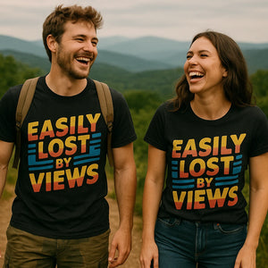 Person wearing the black trekking shirts women's graphic tee - "Easily Lost By Views" design