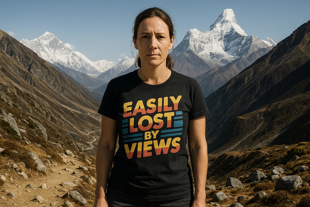 Lifestyle shot of the "Easily Lost By Views" black trekking shirts women's in a real-world setting