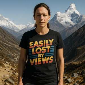 Lifestyle shot of the "Easily Lost By Views" black trekking shirts women's in a real-world setting