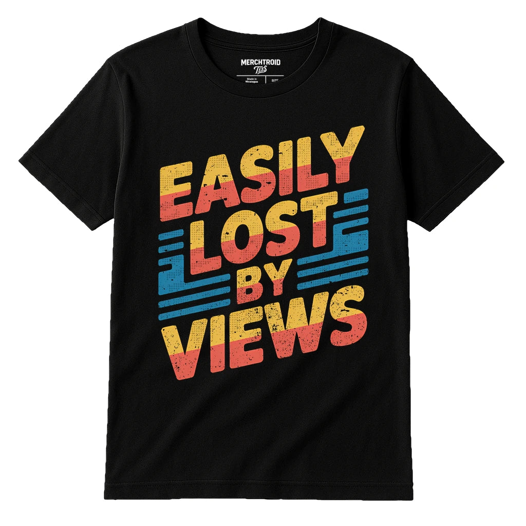 Black Trekking Shirts Women'S - "Easily Lost By Views" graphic tee with orange print, flat lay product photo