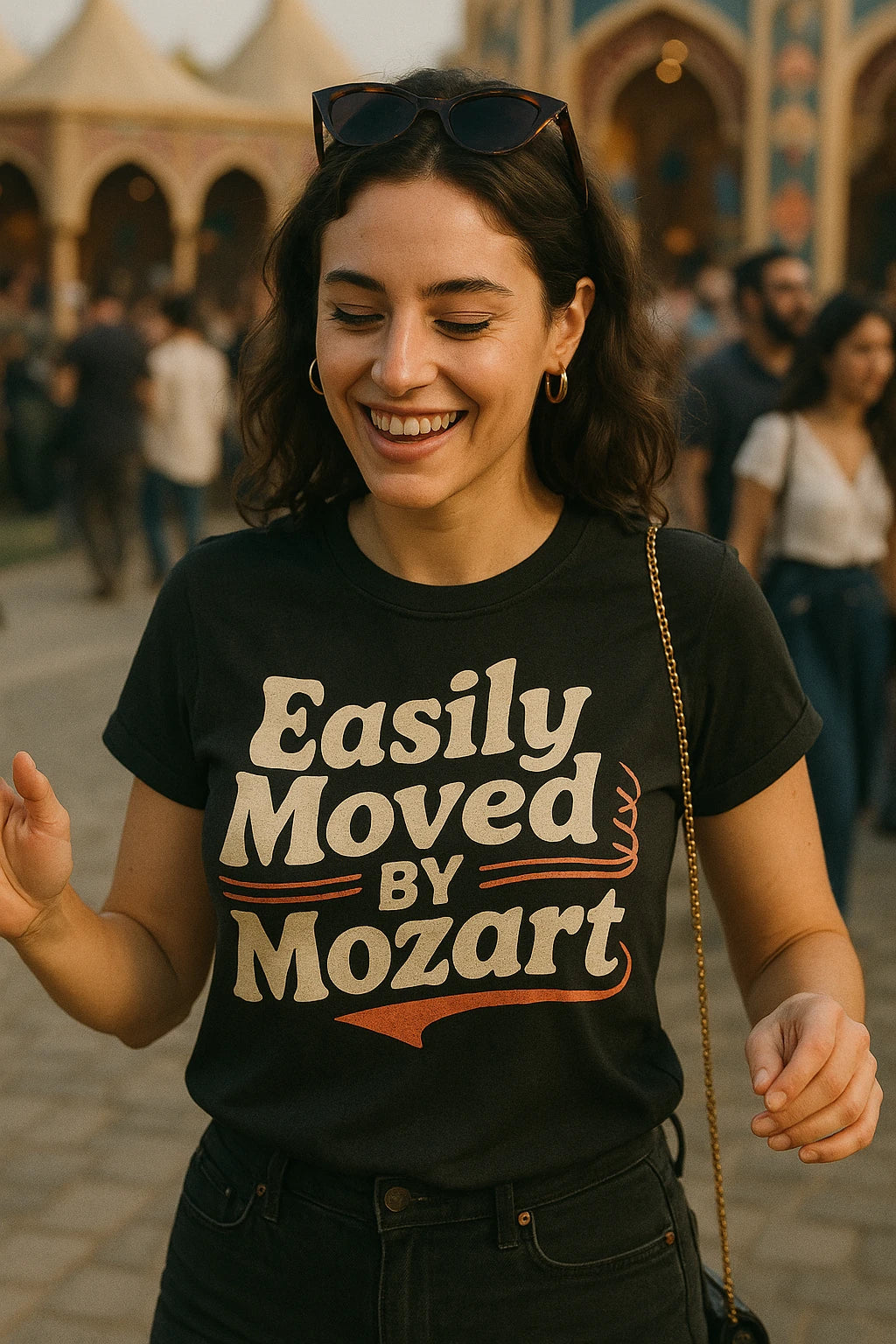 "Easily Moved By Mozart" black classical music shirts - also a gift ideas for classical musicians