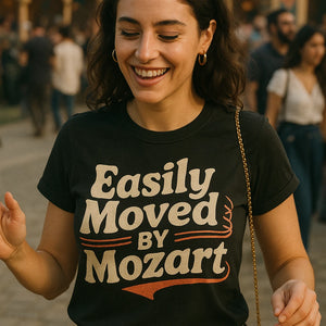 "Easily Moved By Mozart" black classical music shirts - also a gift ideas for classical musicians