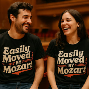 Person wearing the black classical music shirts graphic tee - "Easily Moved By Mozart" design