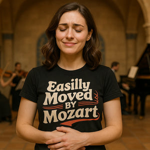 Lifestyle shot of the "Easily Moved By Mozart" black classical music shirts in a real-world setting