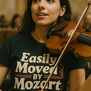 "Easily Moved By Mozart" black classical music shirts, photographed as gift for classical music lover